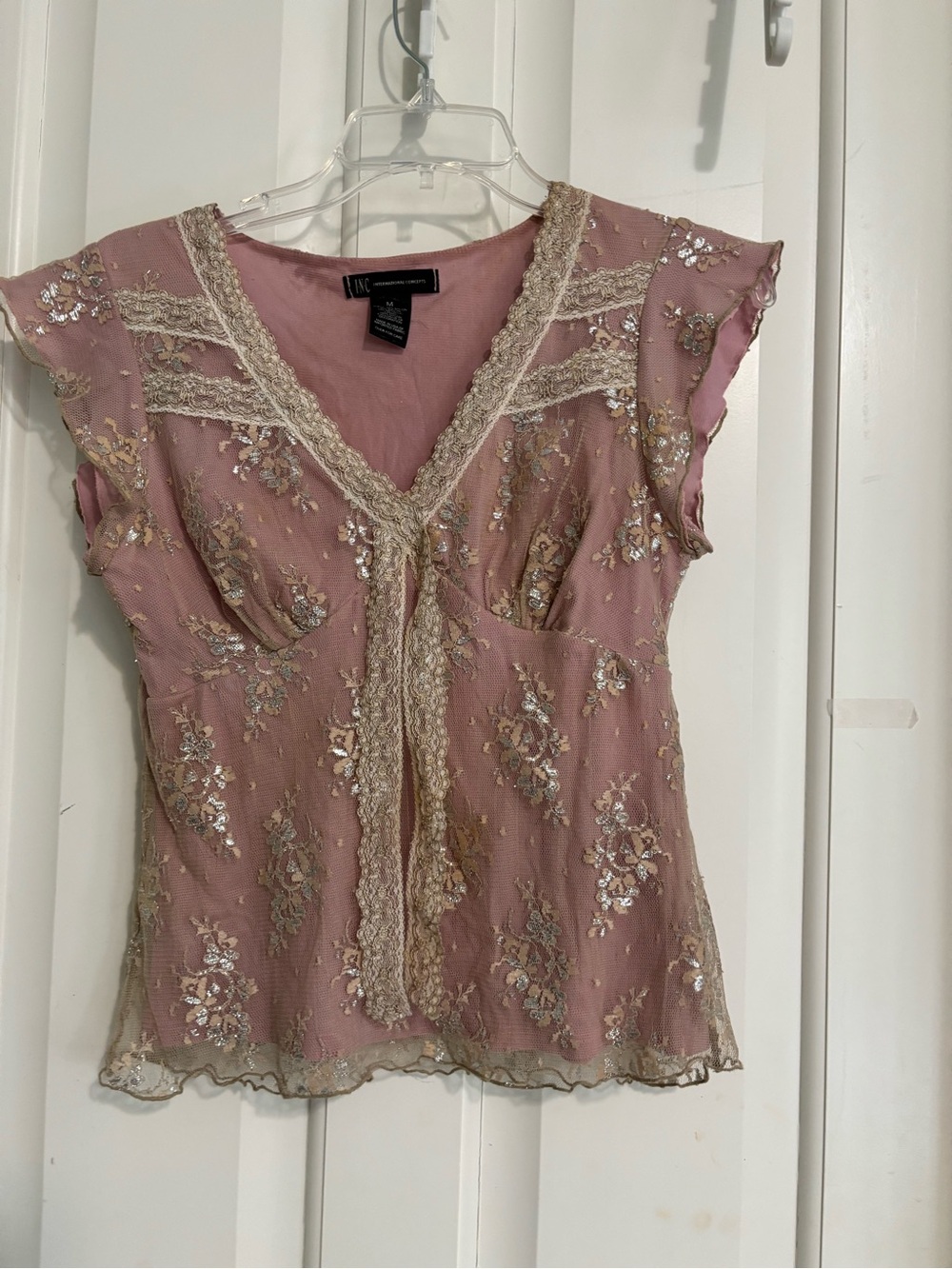 INC International Concepts Rose Pink Embellished Lace-Trim Cap Sleeve Blouse Med